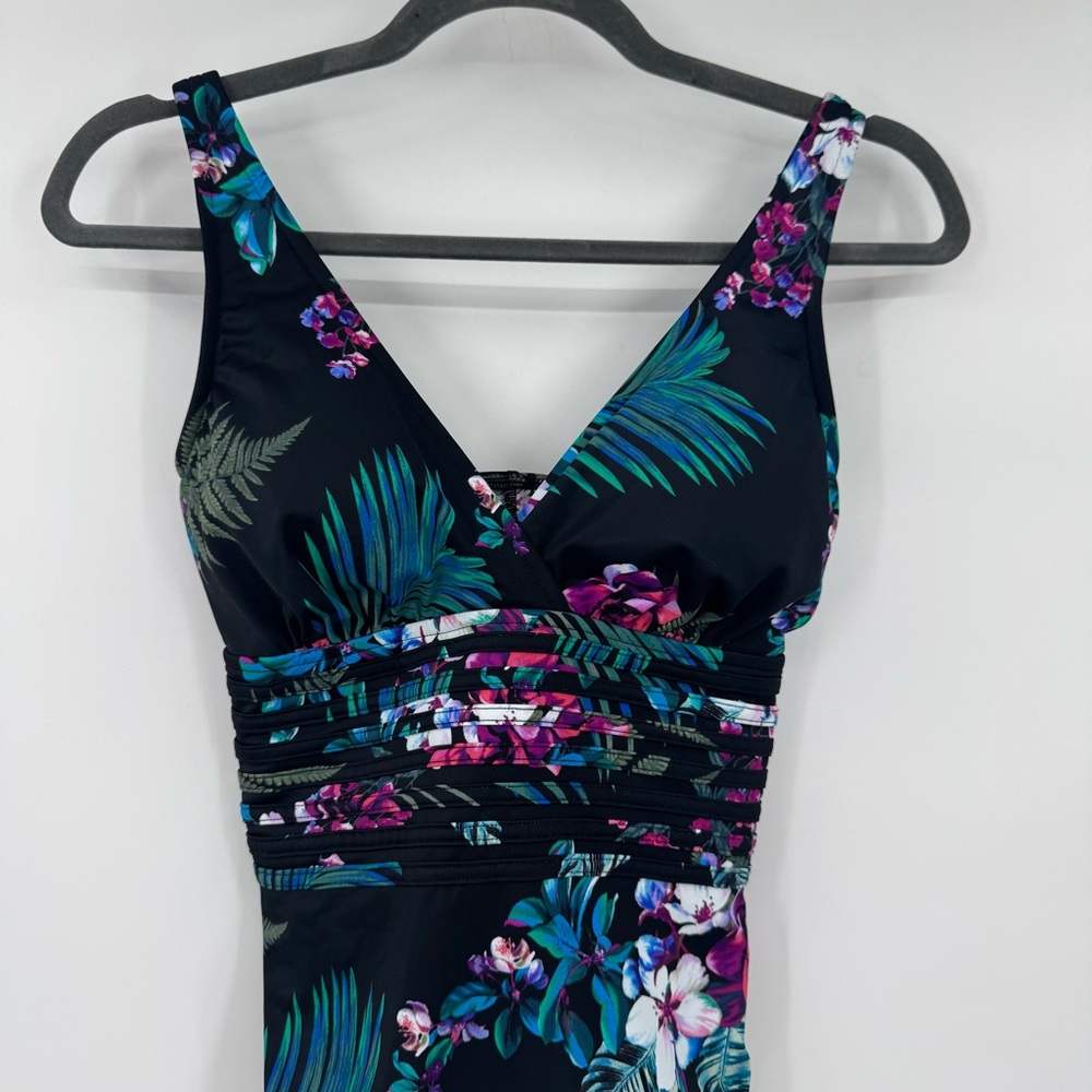 Aqua Green Black Floral Waist Detail One Piece Swimsuit Size Medium - Picture 3 of 6